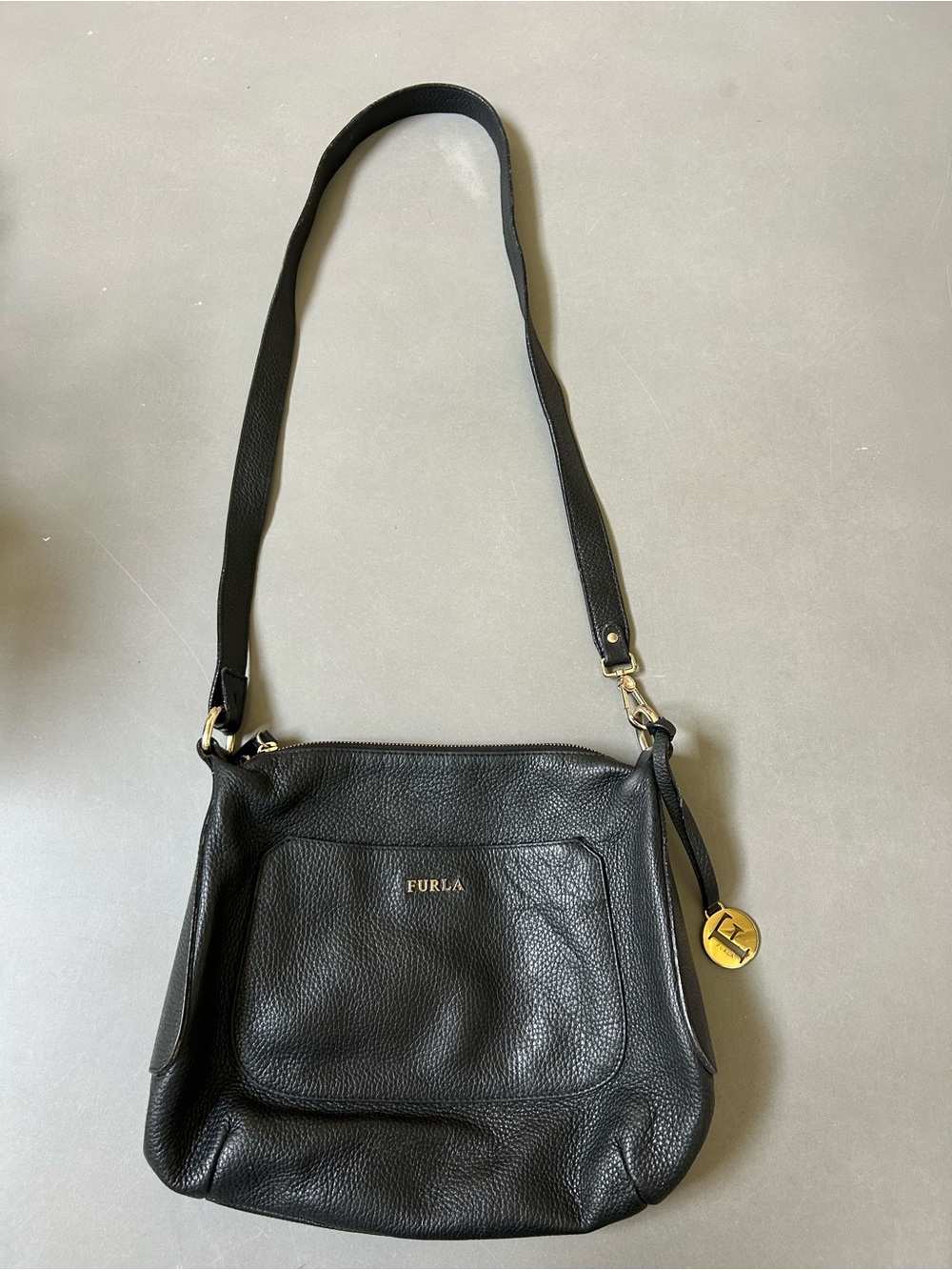 Furla Black Pebbled Leather Tote with Gold Logo - Picture 2 of 13